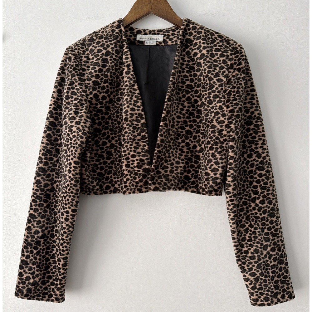 VTG Miss Ashlee Animal Print Open Front Cropped Jacket Size L Faux Fur Y2K Chic